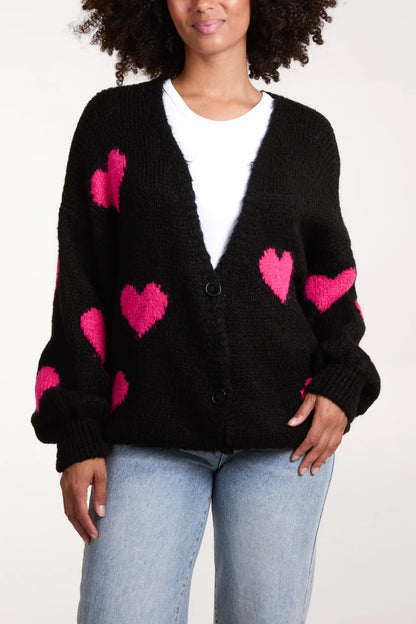 Heart Print Button Front Cardigan