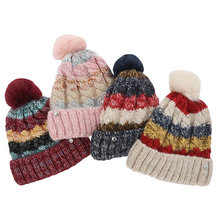 Pom Pom Luxury Nordic Style Hat - Multi Coloured Stripe