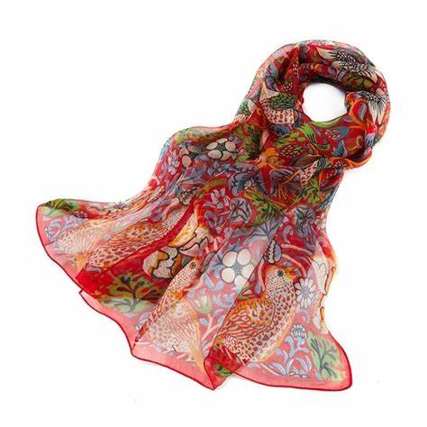 Pure Silk Art Scarf by Signare Strawberry Thief Red William Morris